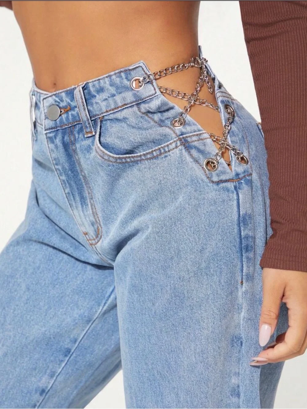 High-Waist Wide Leg Jeans with Side Chain Detail - Light Blue
